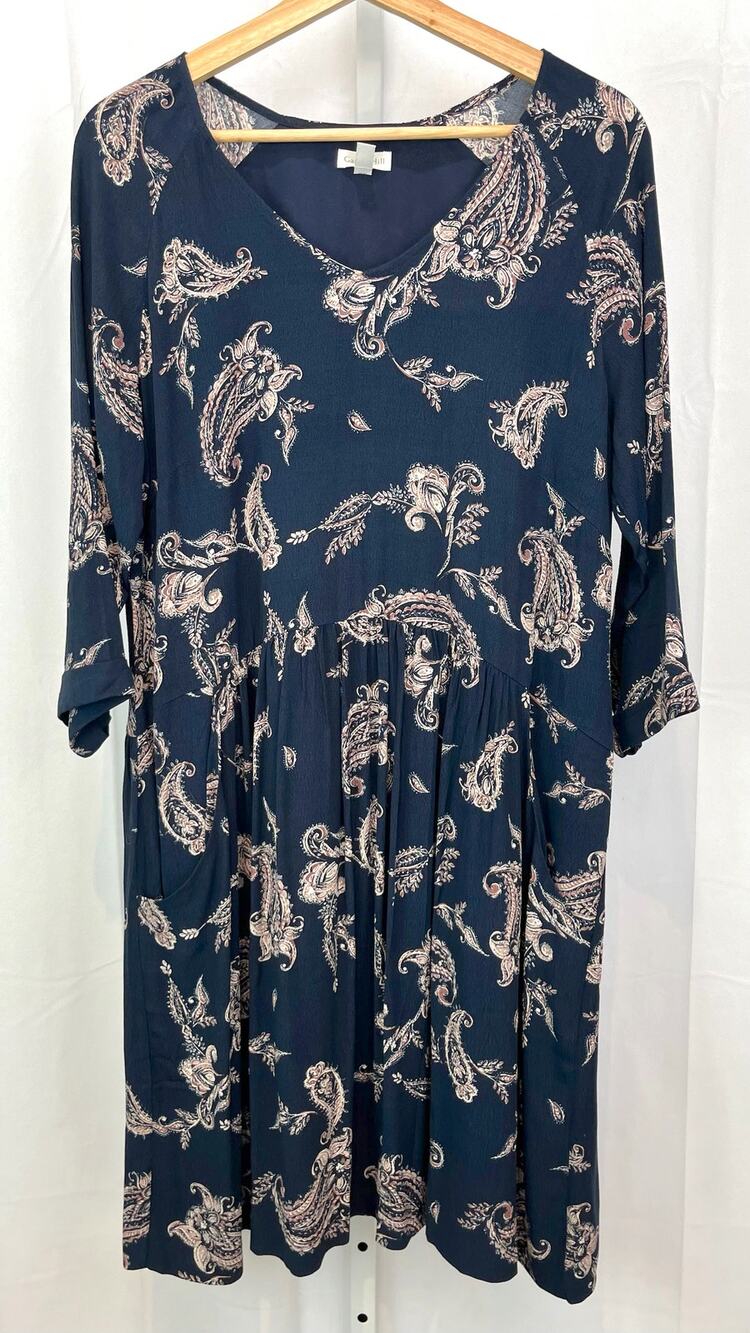 GARNET HILL Size 12 Paisley Bohemian Pocket Detail Dress Navy Blue